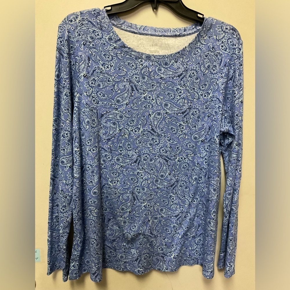 J Jill Blue Floral Paisley Pima Cotton Long Sleeve Tee Shirt Sz L